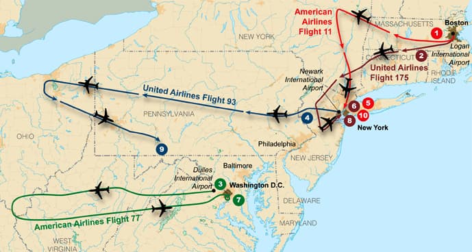 Map showing the flight paths of the four hijacked aircraft on September 11, 2001